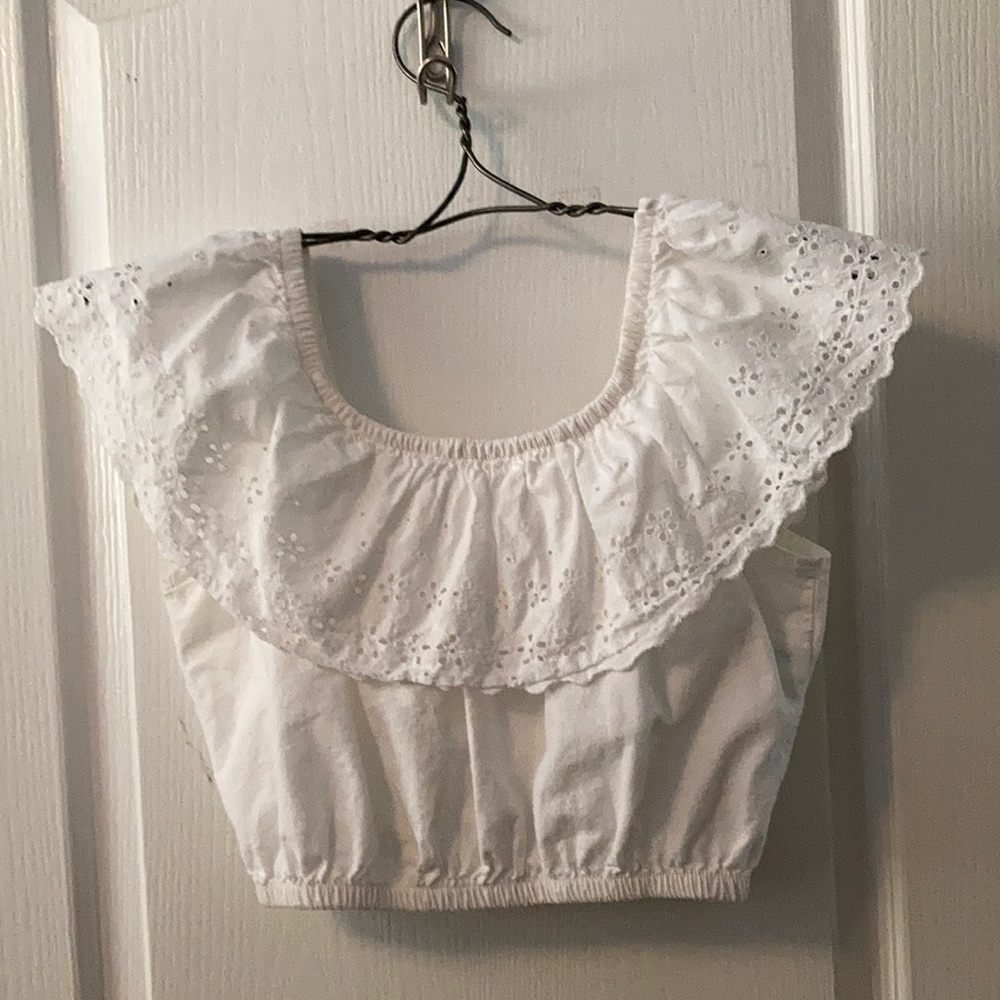 Vintage white cotton midriff top eyelet ruffle